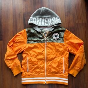 Converse All Star Kids Orange Camo Full Zip Windbreaker Hoodie Jacket Size M 10